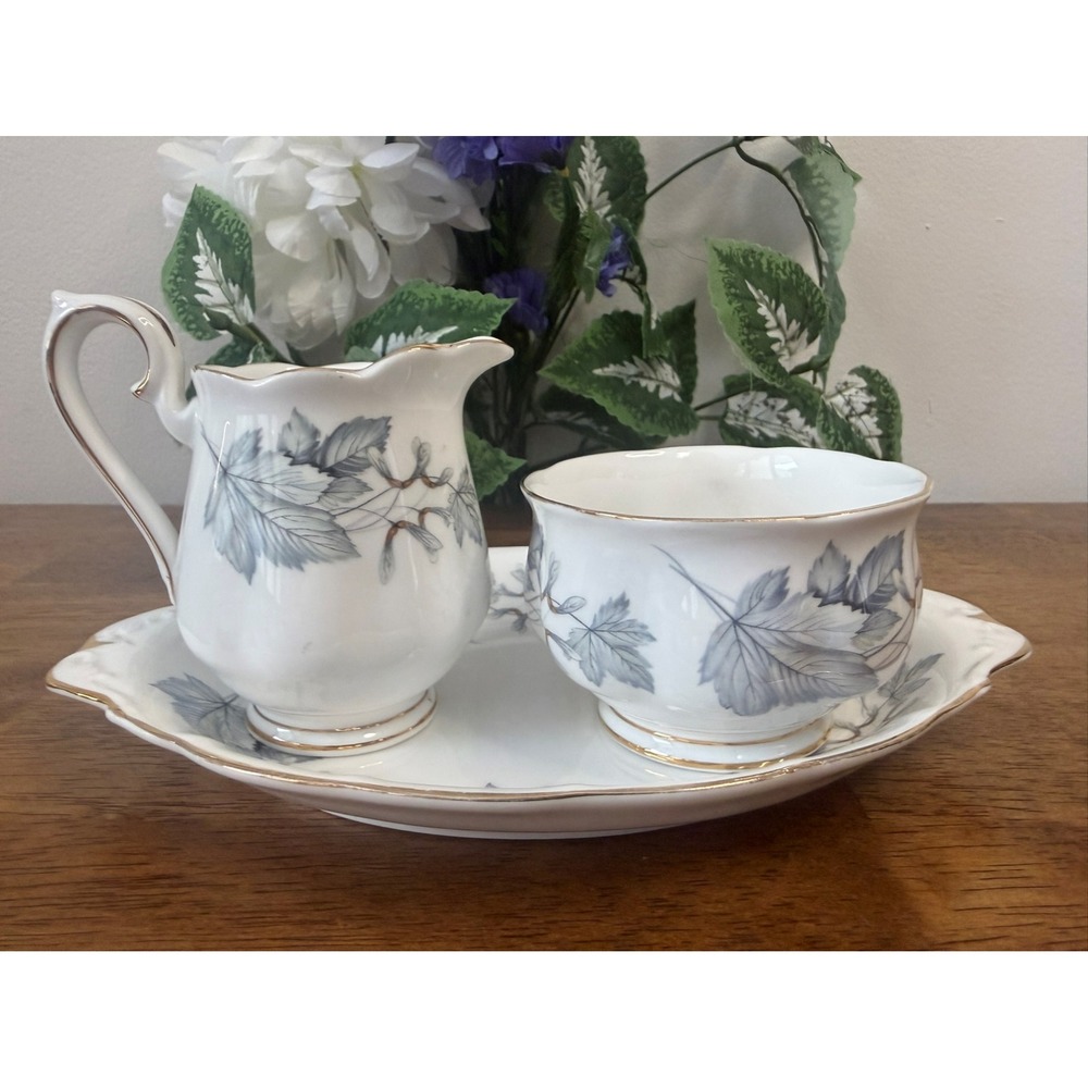 Royal Albert Silver Maple Creamer Sugar‎ Bowl Tray Set Bone China England